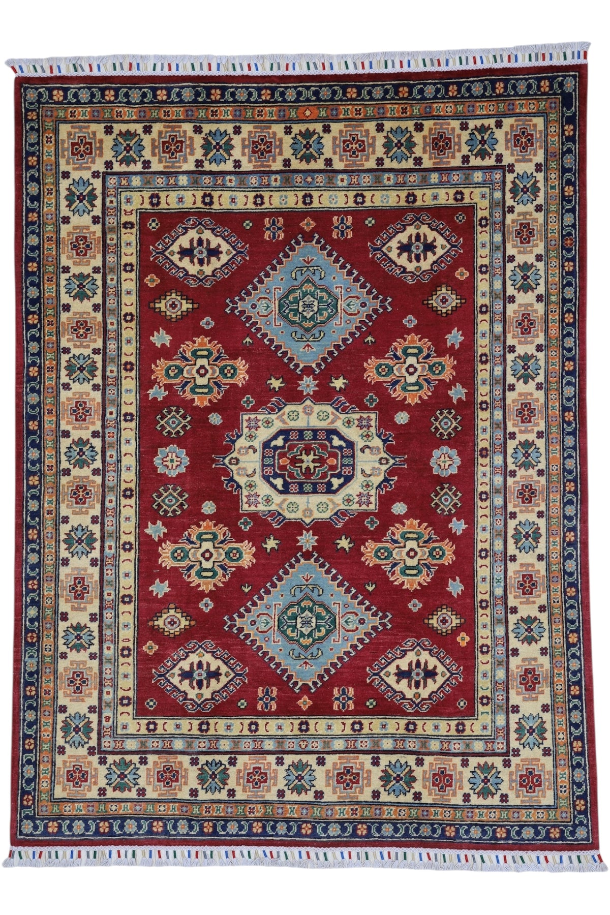 Afghan Kazak Rug 4'10" x 6'6", Hand-Knotted Wool, Red