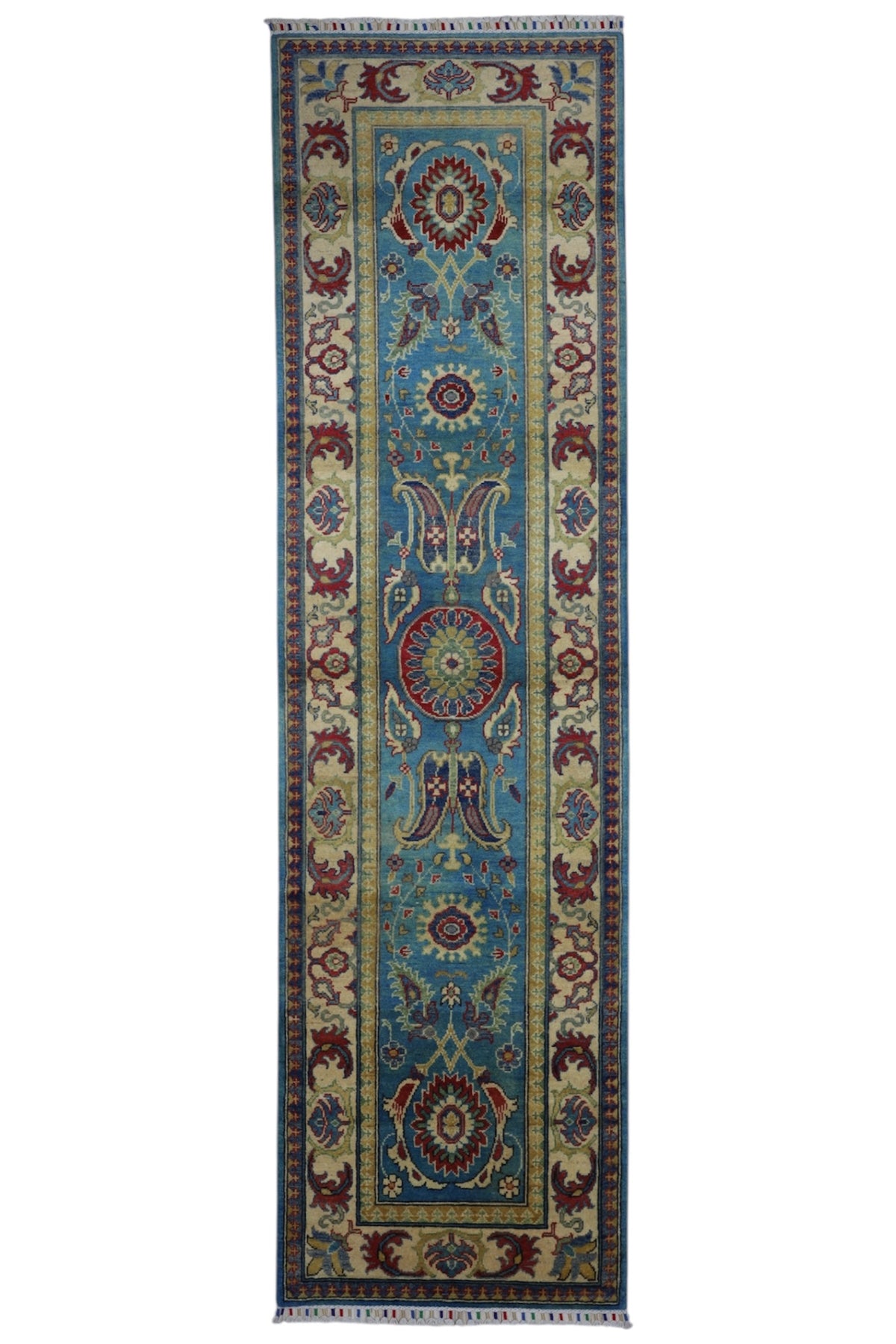Afghan Kazak Runner 2'8" x 9'9", Hand-Knotted Wool, Blue & Cream