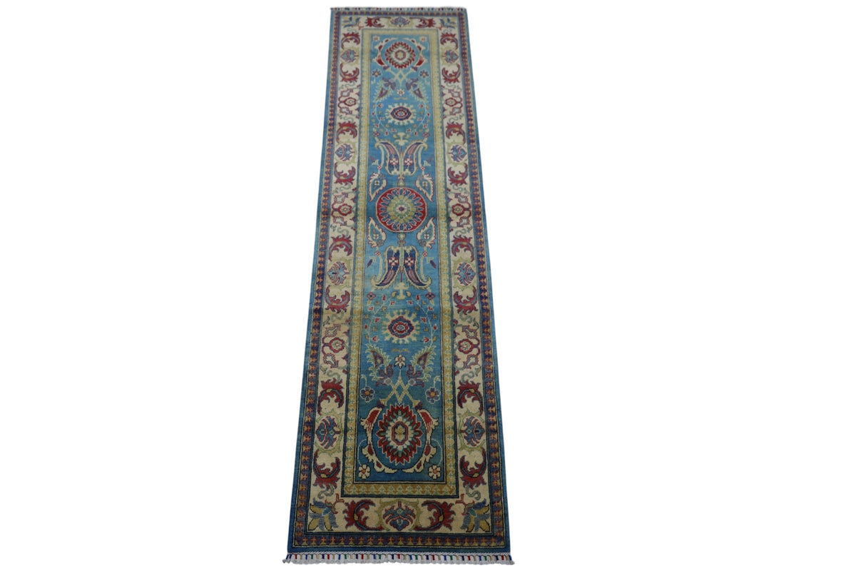 Afghan Kazak Runner 2'8" x 9'9", Hand-Knotted Wool, Blue & Cream, view 2