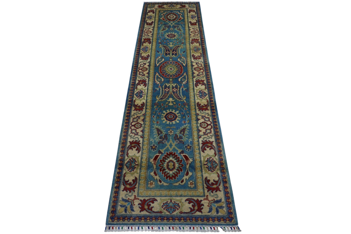 Afghan Kazak Runner 2'8" x 9'9", Hand-Knotted Wool, Blue & Cream, view 3