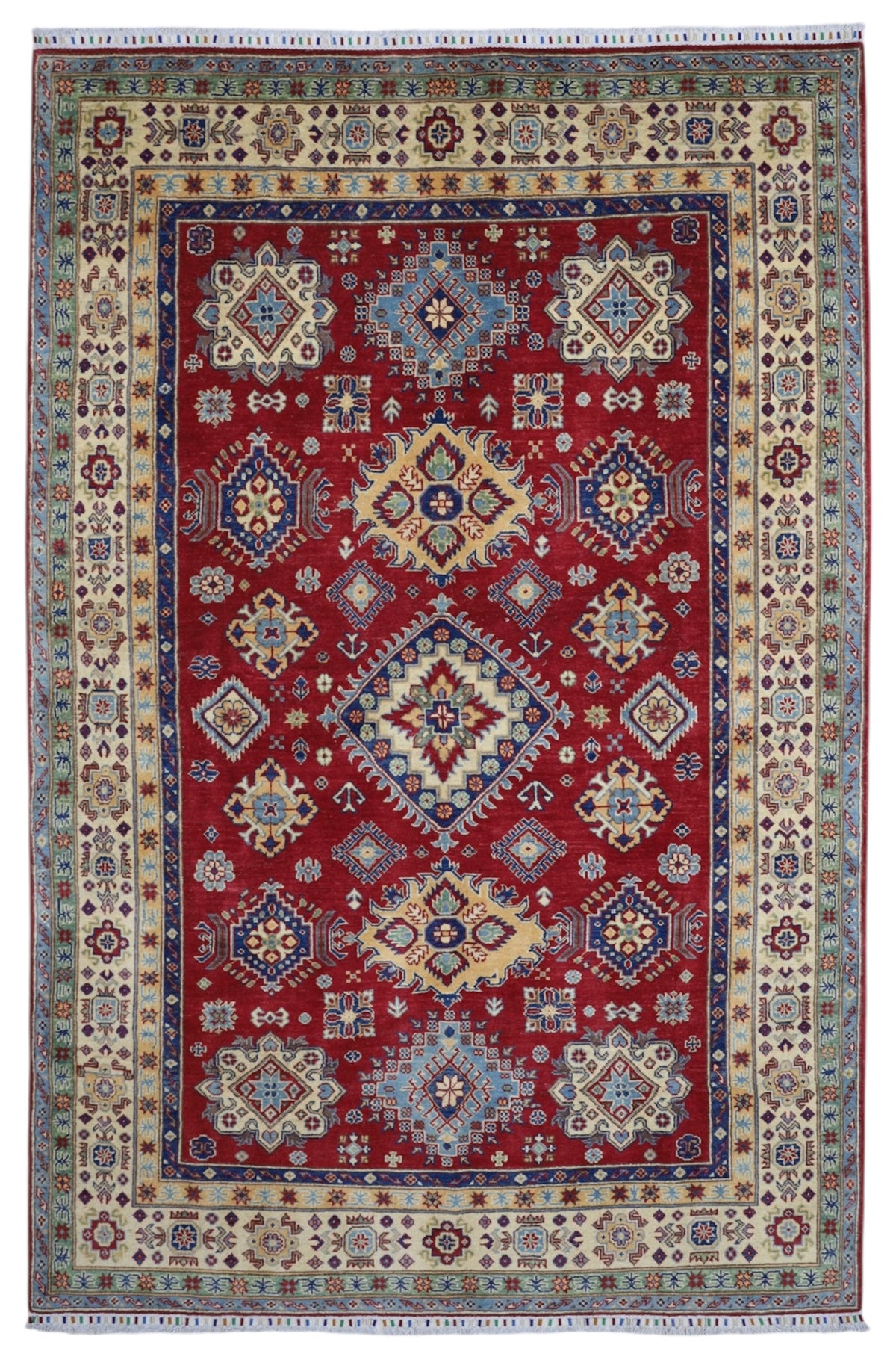 Afghani Rug 7x10 size range tribal Red Cream laid flat