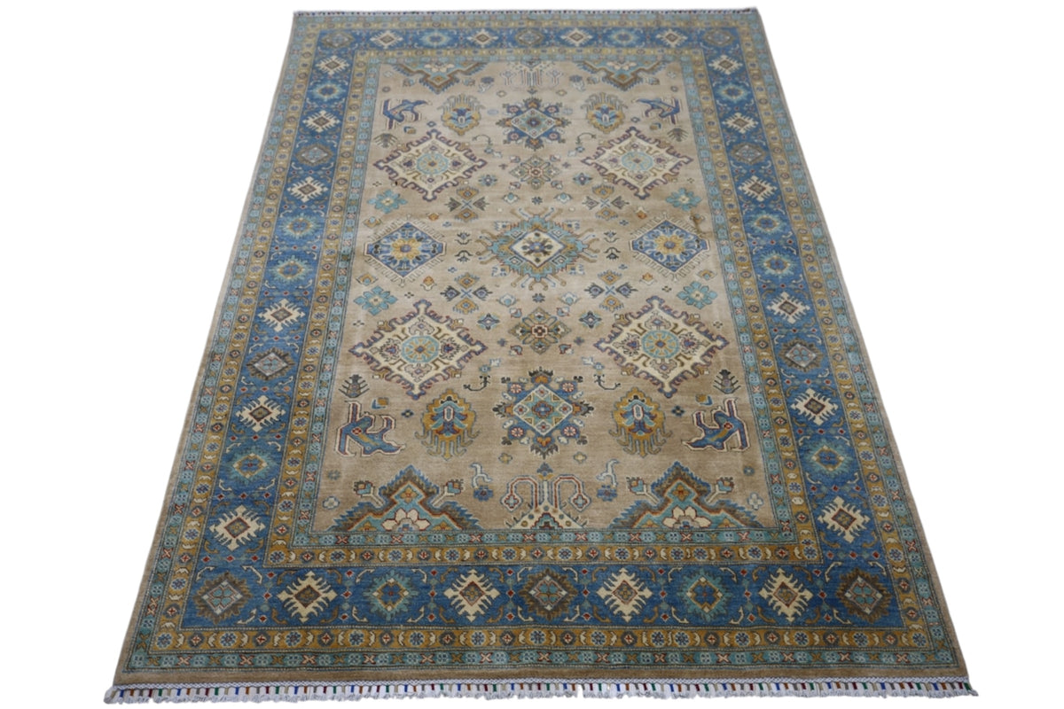 Afghan Kazak Rug 6'7" x 9'8", Hand-Knotted Wool, Blue & Cream, view 3
