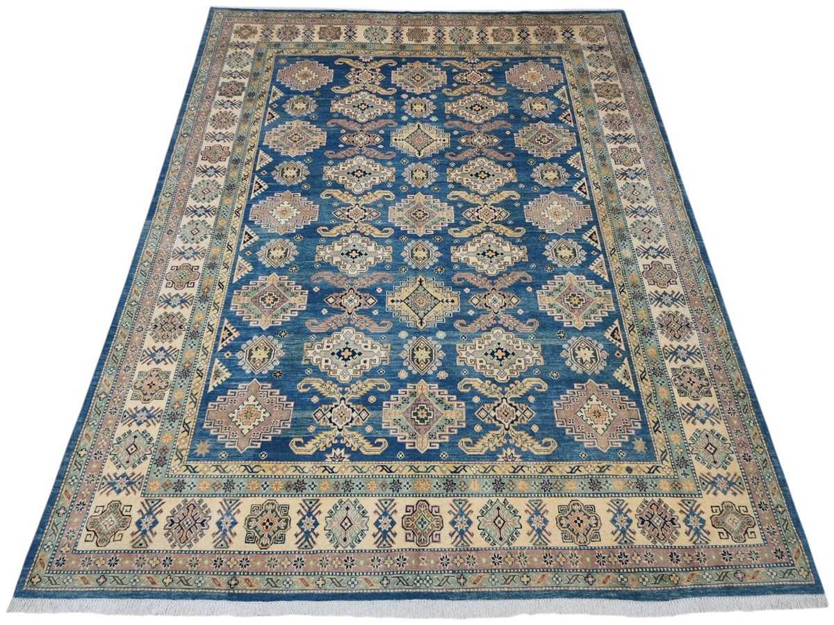 Afghan Kazak Rug 9x12, Blue, Ivory & Beige, Hand-Knotted Wool, view 3