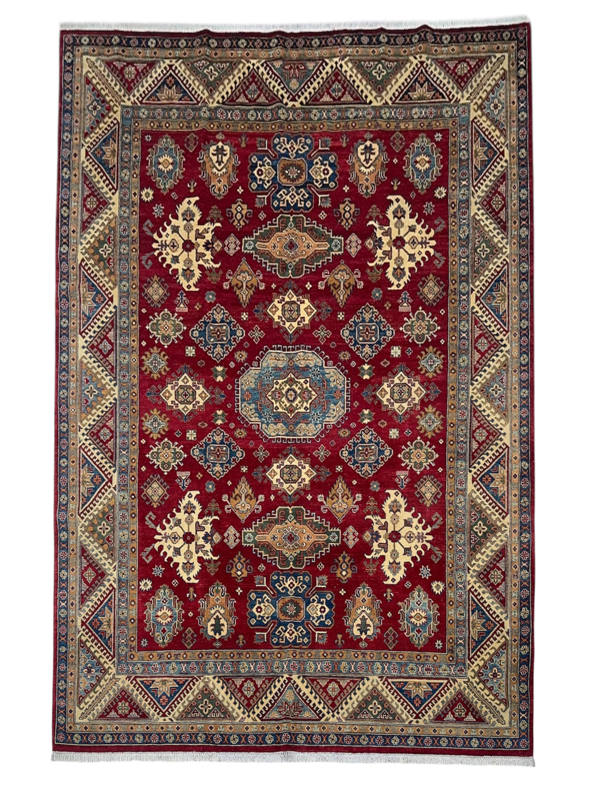 Afghan Kazak Rug 8'11" x 11'10", Hand-Knotted Wool, Cream & Red