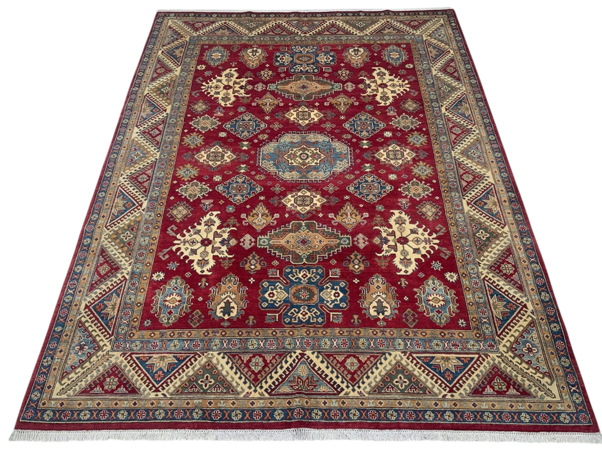 Afghan Kazak Rug 8'11" x 11'10", Hand-Knotted Wool, Cream & Red, view 2
