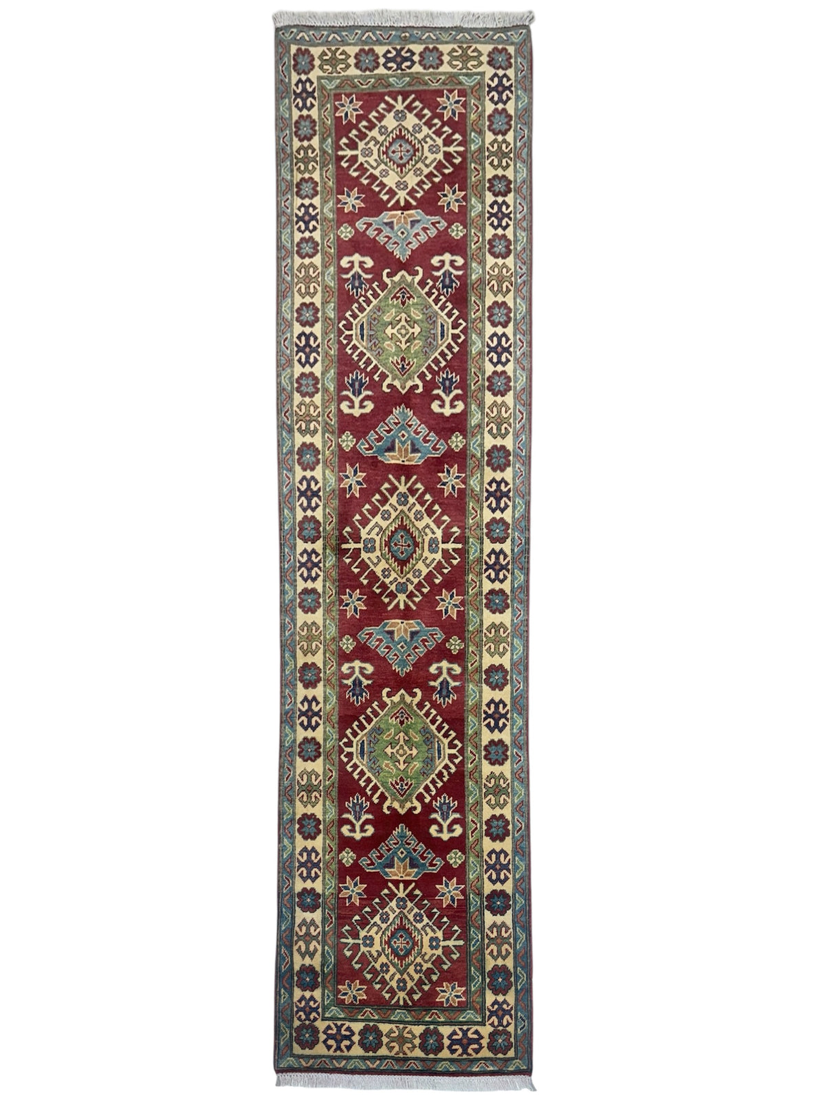 Afghan Kazak Runner 2'8" x 9'7", Hand-Knotted Wool, Blue, Cream & Red
