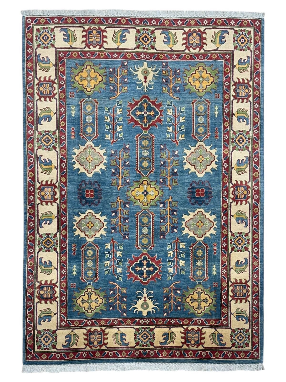 Afghan Kazak Rug 5'6" x 7'6", Hand-Knotted Wool, Blue & Cream