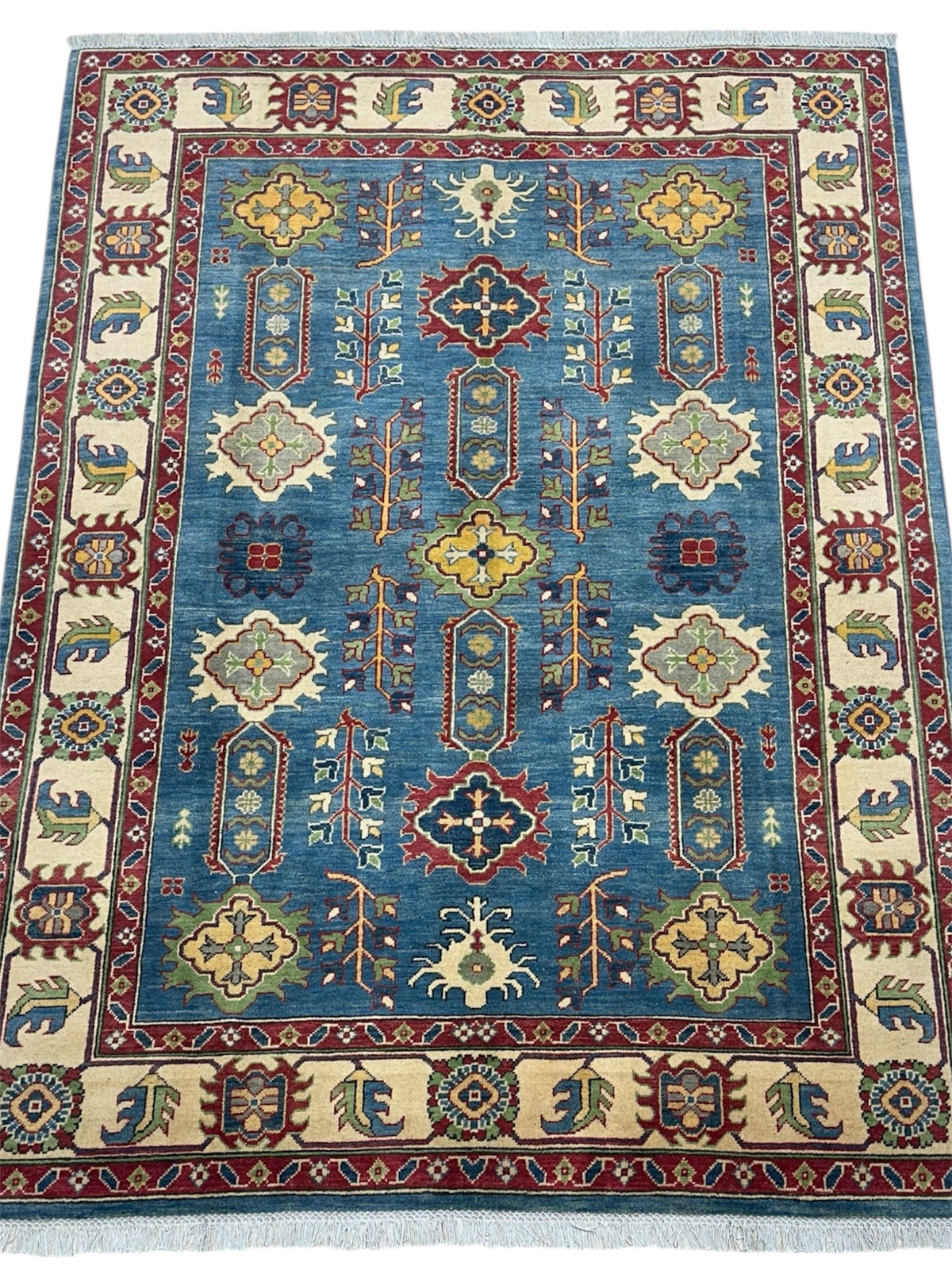 Afghan Kazak Rug 5'6" x 7'6", Hand-Knotted Wool, Blue & Cream, view 3