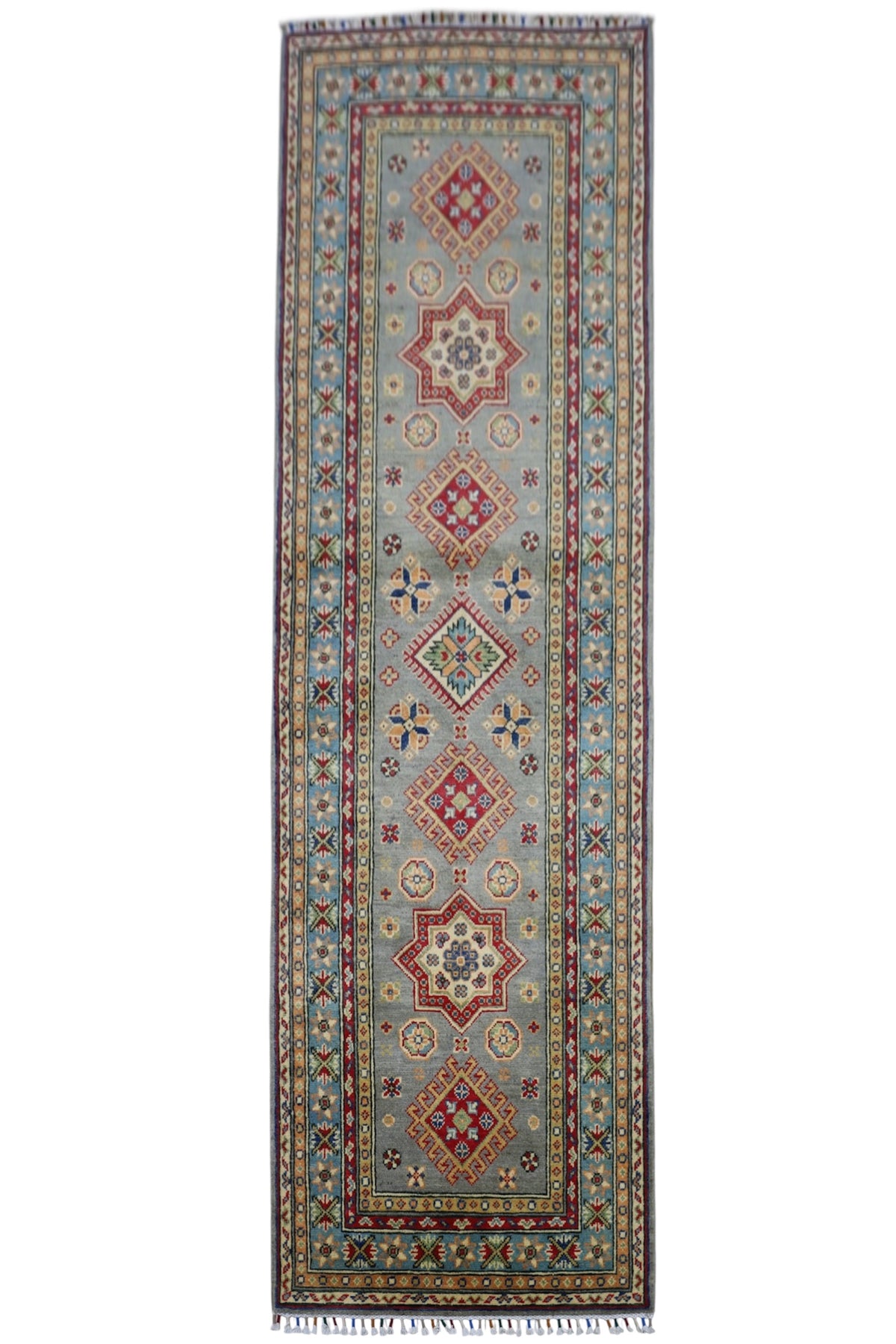 Afghan Kazak Runner 2'8" x 8', Hand-Knotted Wool, Gray