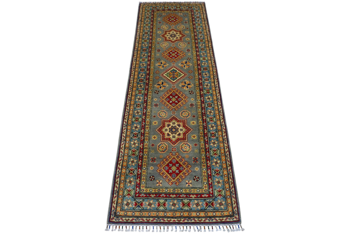 Afghan Kazak Runner 2'8" x 8', Hand-Knotted Wool, Gray, view 2