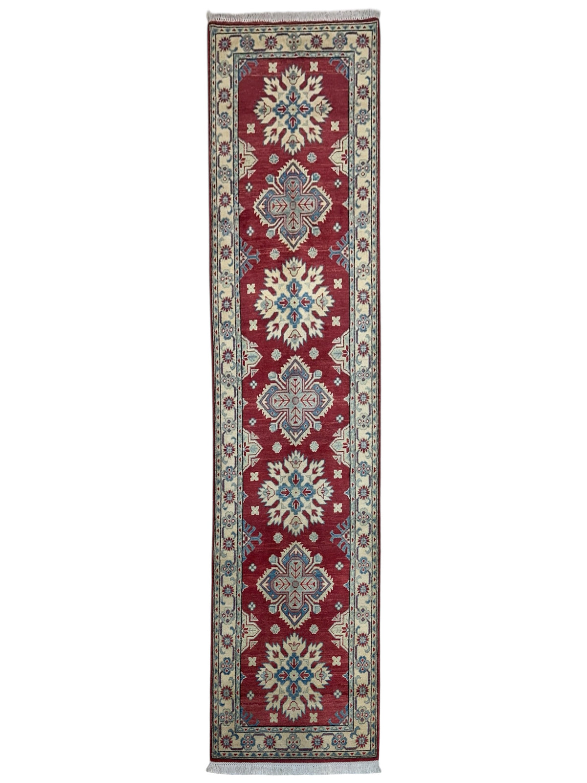Afghan Kazak Runner 2'8" x 10', Hand-Knotted Wool, Cream & Red