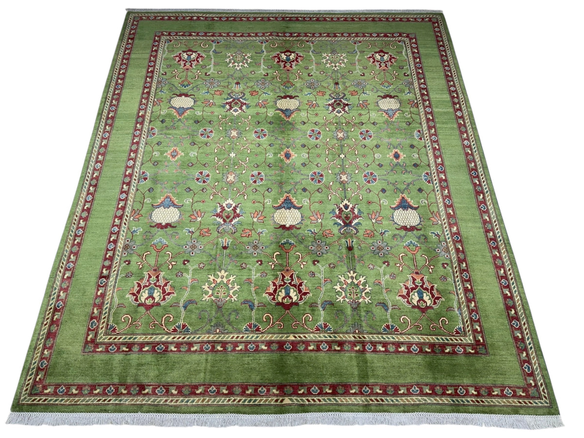 Afghan Kazak Rug 8x10, Green, Red & Ivory, Hand-Knotted Wool, view 3
