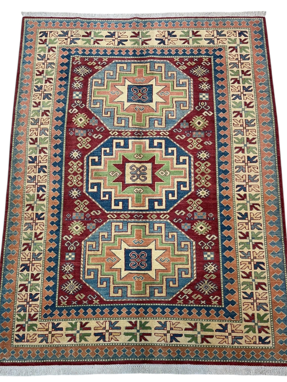 Afghan Kazak Rug 5'7" x 7'7", Hand-Knotted Wool, Blue, Cream & Red, view 2