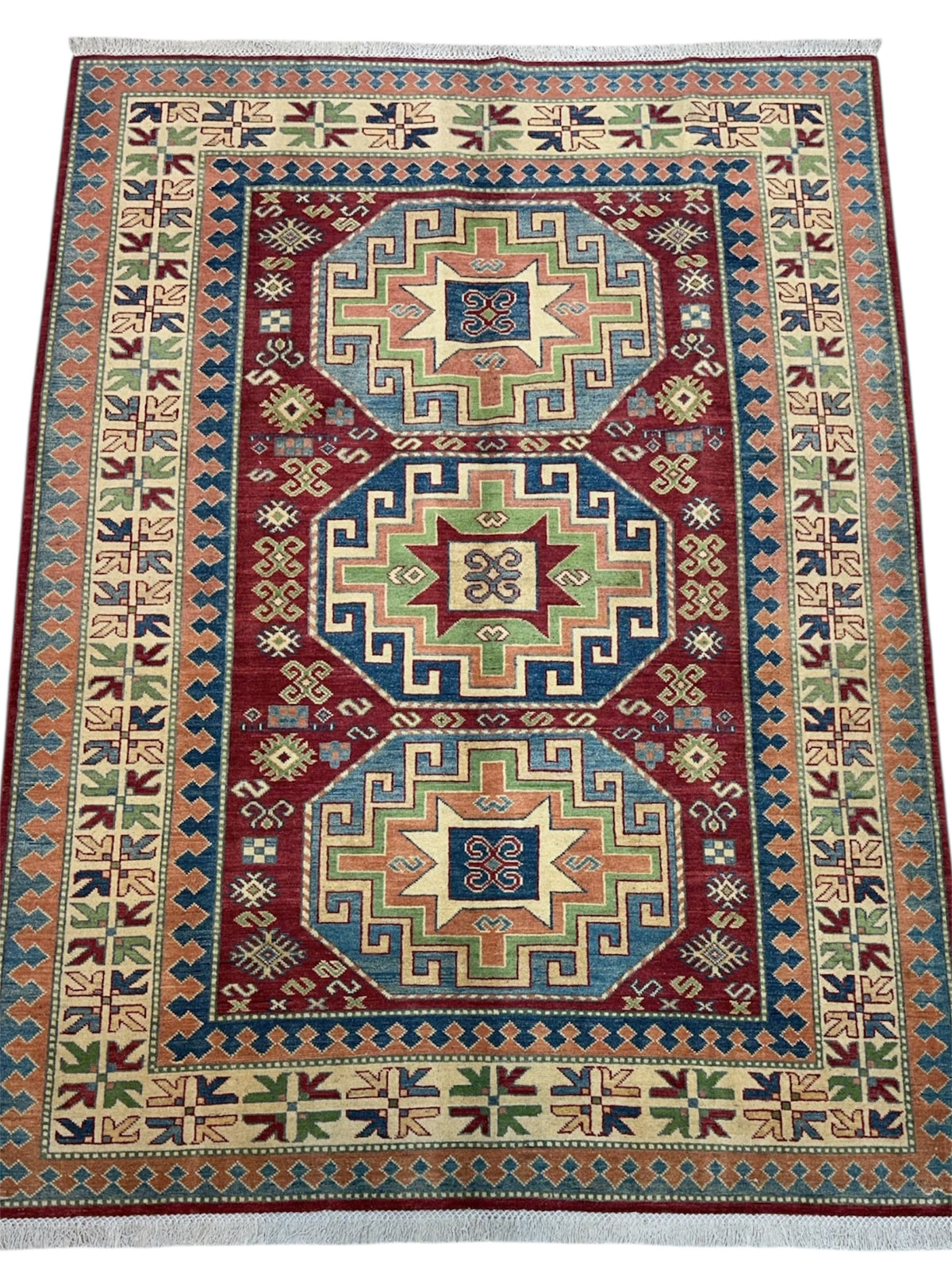 Afghan Kazak Rug 5'7" x 7'7", Hand-Knotted Wool, Blue, Cream & Red, view 3