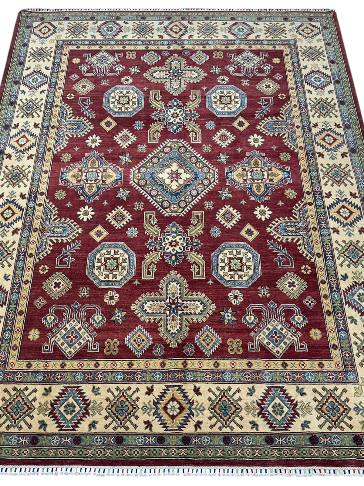 Afghan Kazak Rug 8' x 10'6", Hand-Knotted Wool, Cream & Red, view 2
