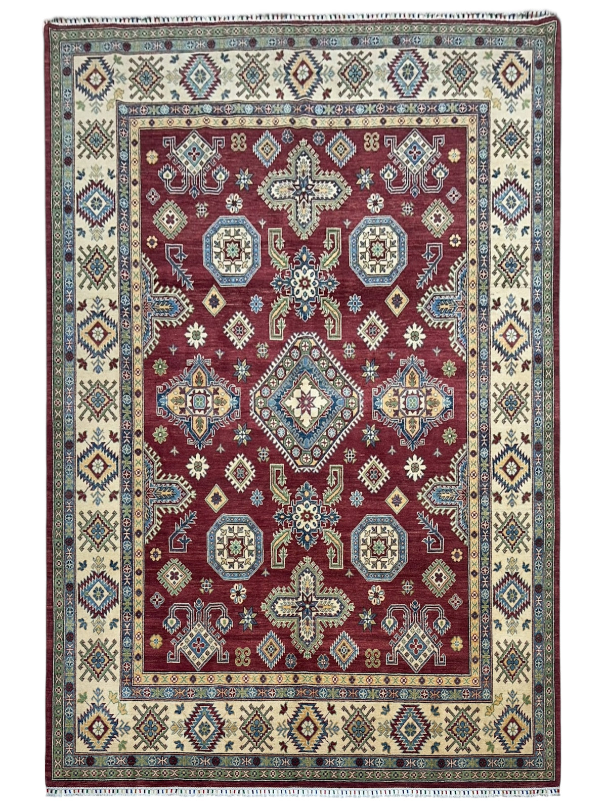 Afghan Kazak Rug 8' x 10'6", Hand-Knotted Wool, Cream & Red