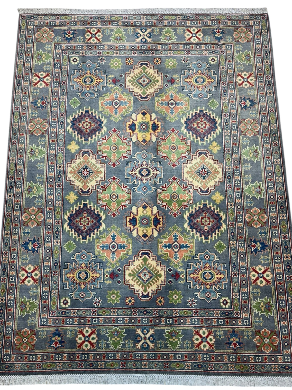 Afghan Kazak Rug 5'8" x 7'9", Hand-Knotted Wool, Cream & Gray, view 3