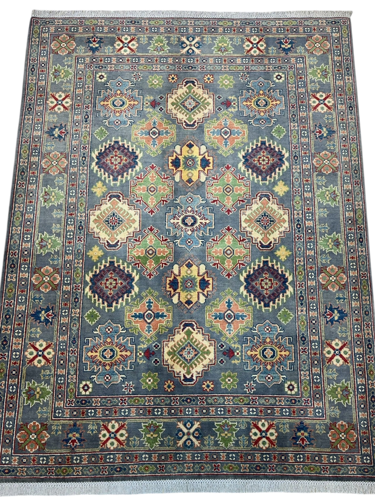 Afghan Kazak Rug 5'8" x 7'9", Hand-Knotted Wool, Cream & Gray, view 2