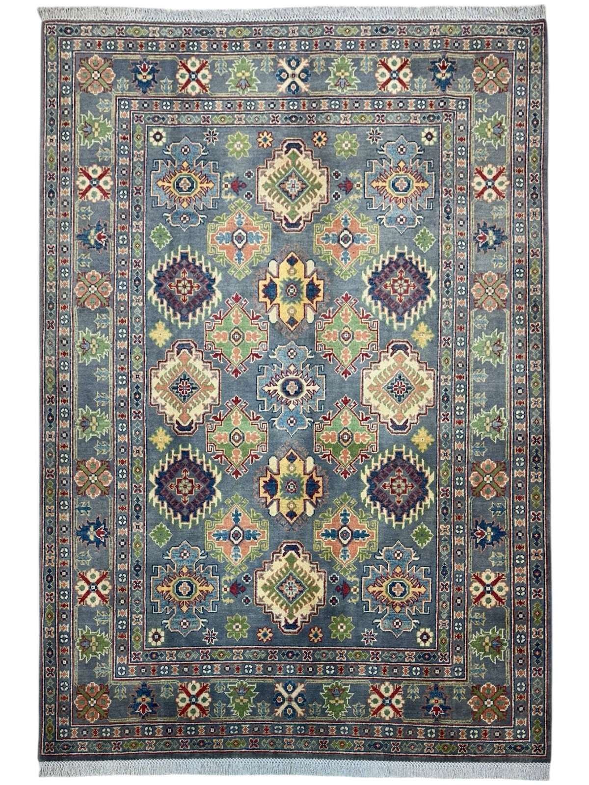 Afghan Kazak Rug 5'8" x 7'9", Hand-Knotted Wool, Cream & Gray