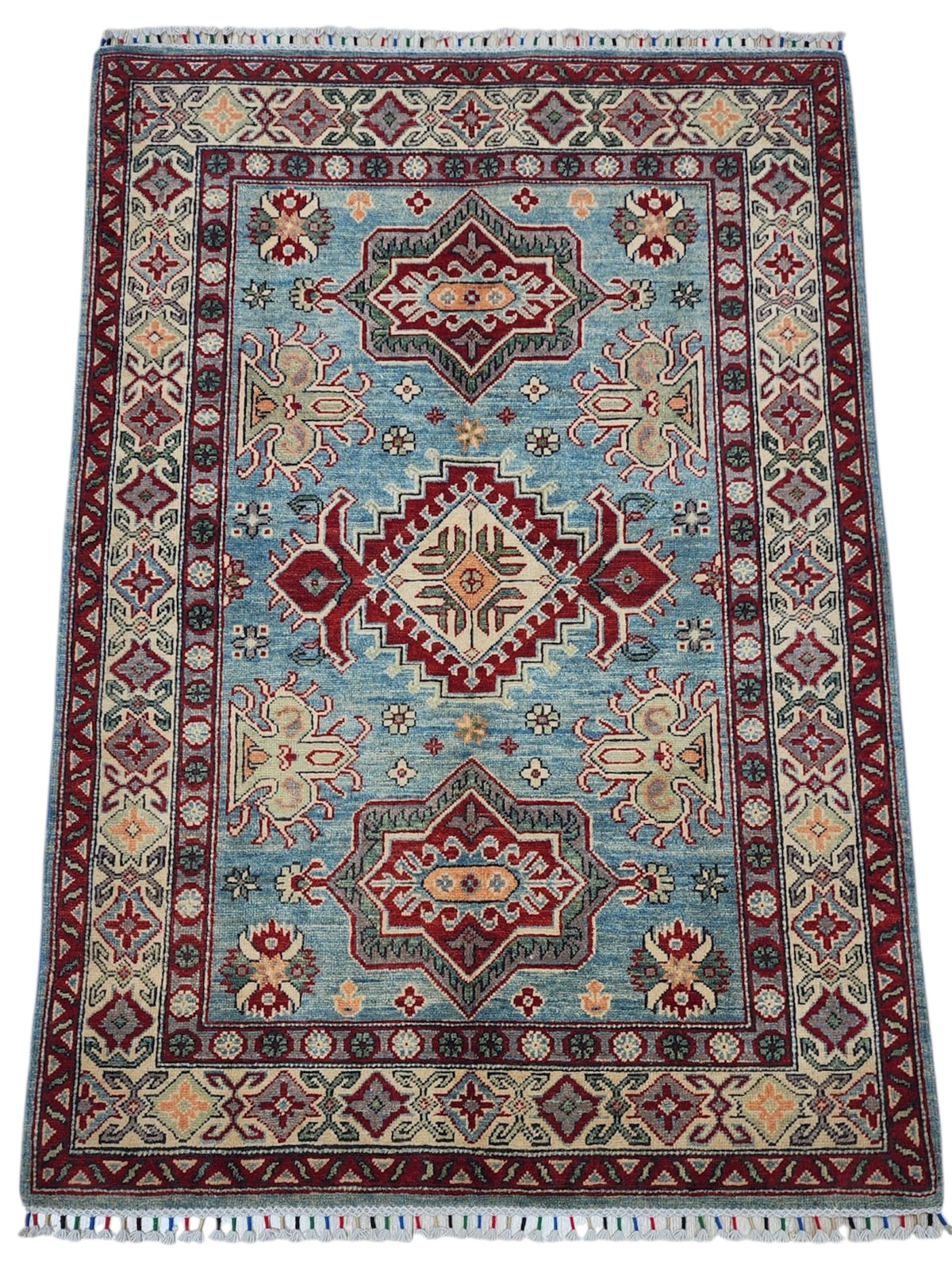 Afghan Kazak Rug 4'3" x 6', Hand-Knotted Wool, Cream, Red & Gray, view 2