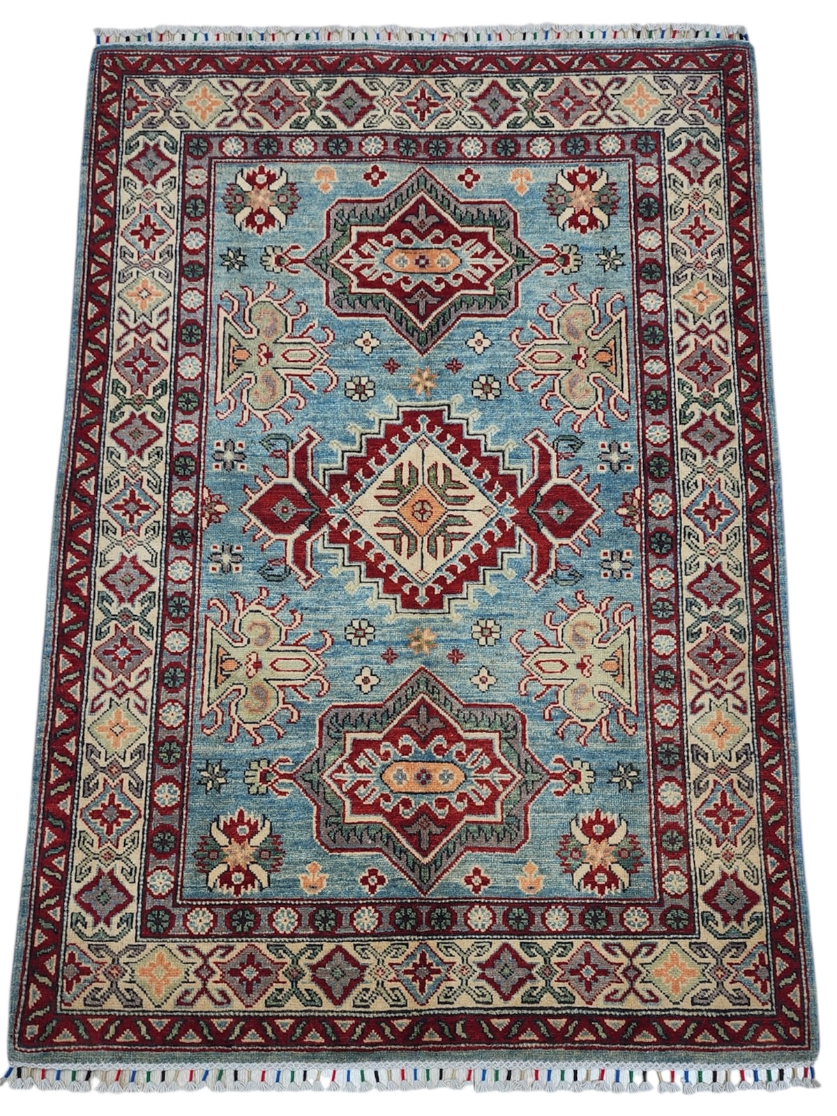 Afghan Kazak Rug 4'3" x 6', Hand-Knotted Wool, Cream, Red & Gray, view 3