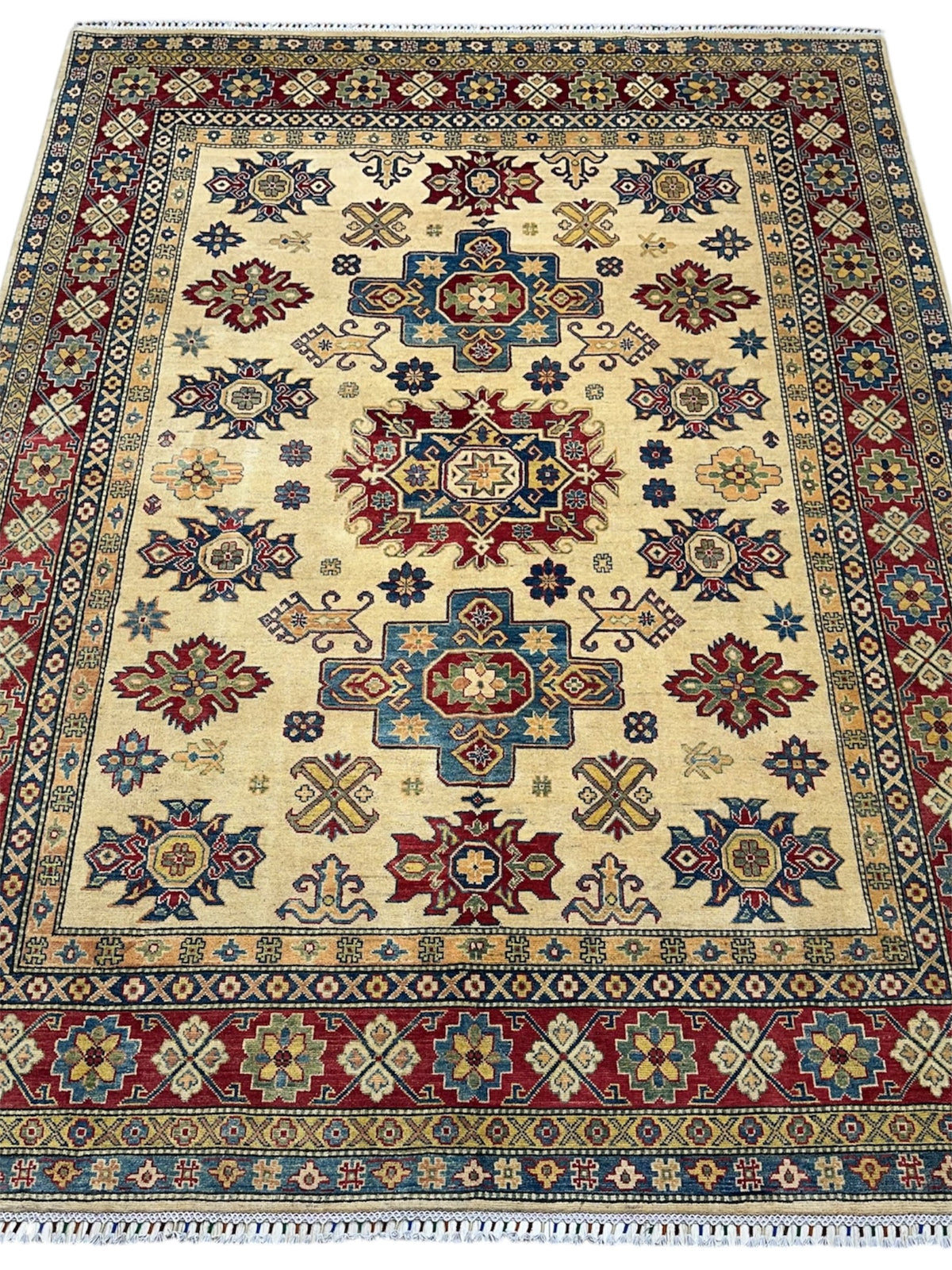 Afghan Kazak Rug 7'10" x 10'8", Hand-Knotted Wool, Cream & Red, view 3