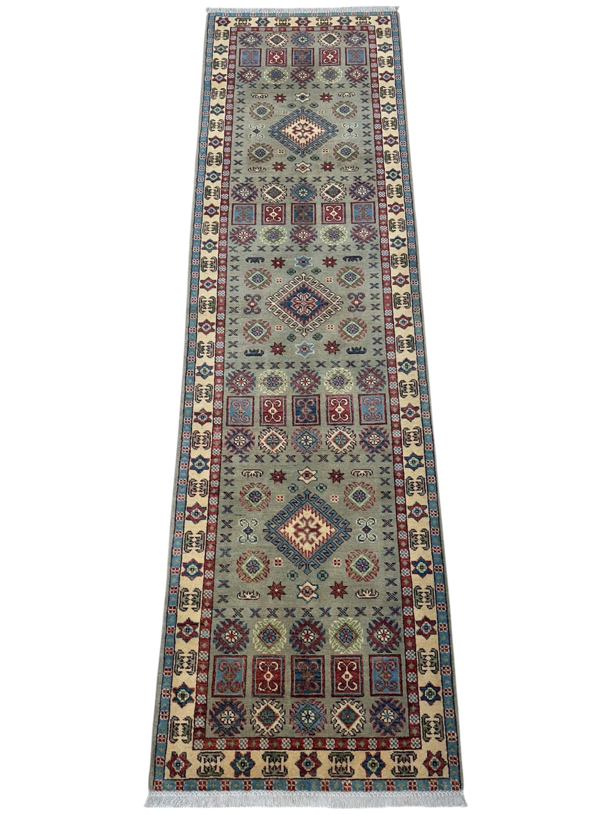 Afghan Kazak Runner 2'9" x 9'7", Hand-Knotted Wool, Gray, view 2