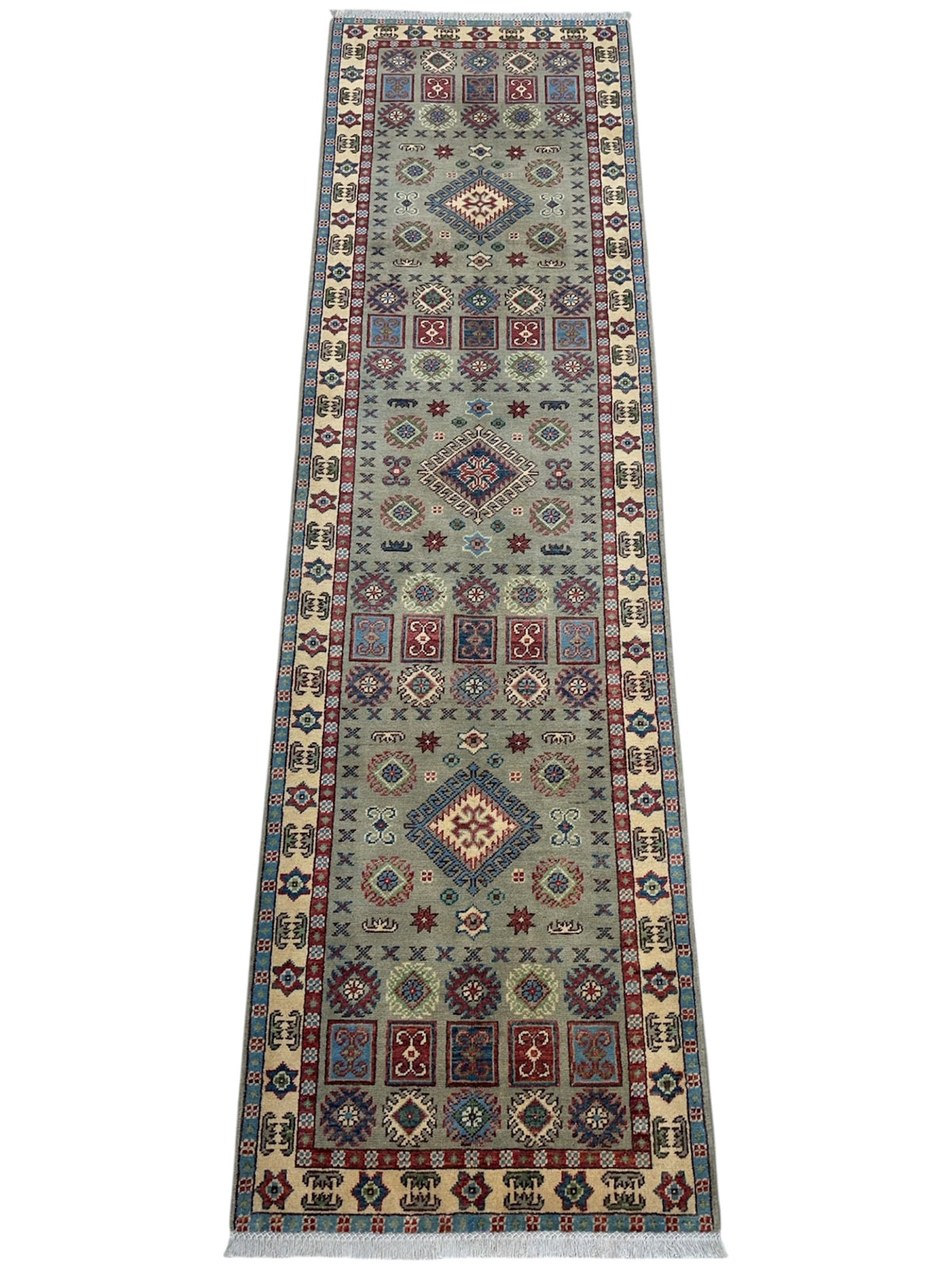 Afghan Kazak Runner 2'9" x 9'7", Hand-Knotted Wool, Gray, view 3