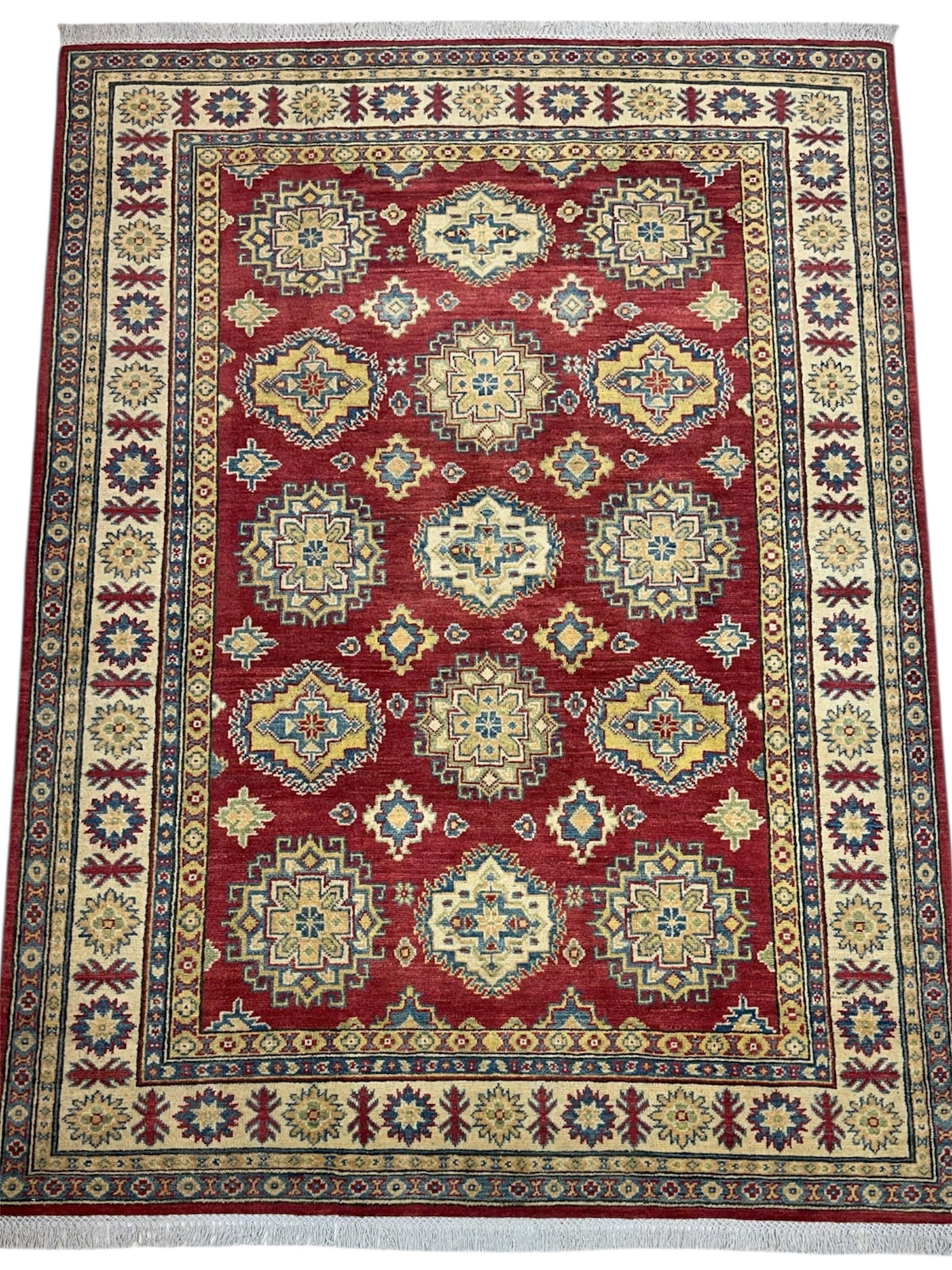 Afghan Kazak Tribal Rug 5x7, Red, Gold & Ivory, Hand-Knotted Wool, view 3