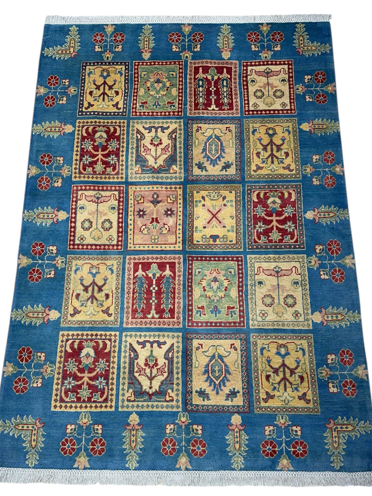 Afghan Kazak Tribal Rug 5x7, Blue, Gold, Red & Ivory, Hand-Knotted Wool, view 3