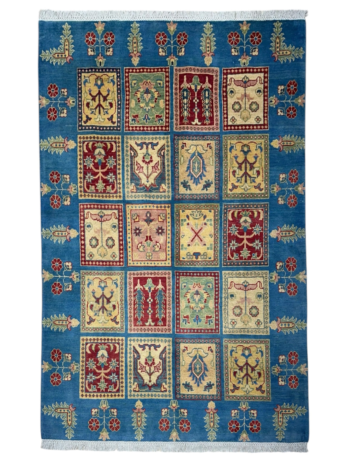 Afghan Kazak Tribal Rug 5x7, Blue, Gold, Red & Ivory, Hand-Knotted Wool