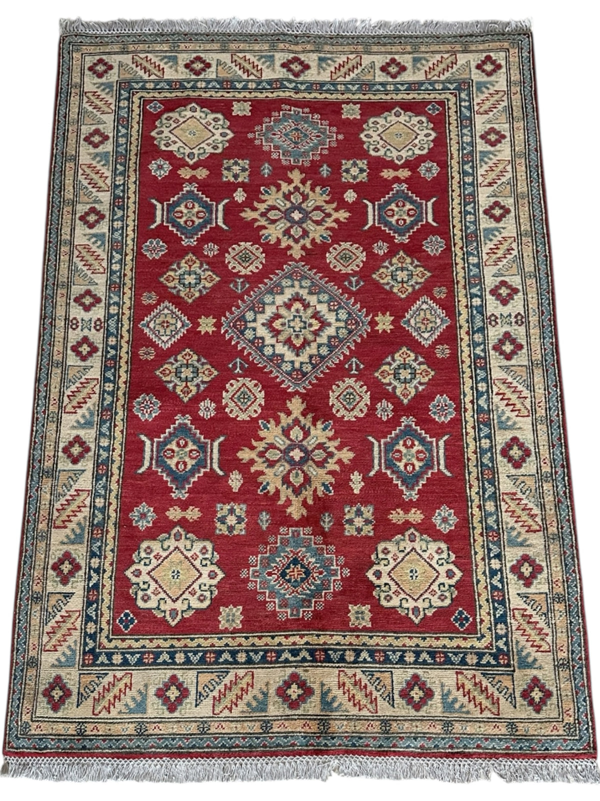 Afghan Kazak Tribal Rug 4x6, Red, Beige & Ivory, Hand-Knotted Wool, view 3