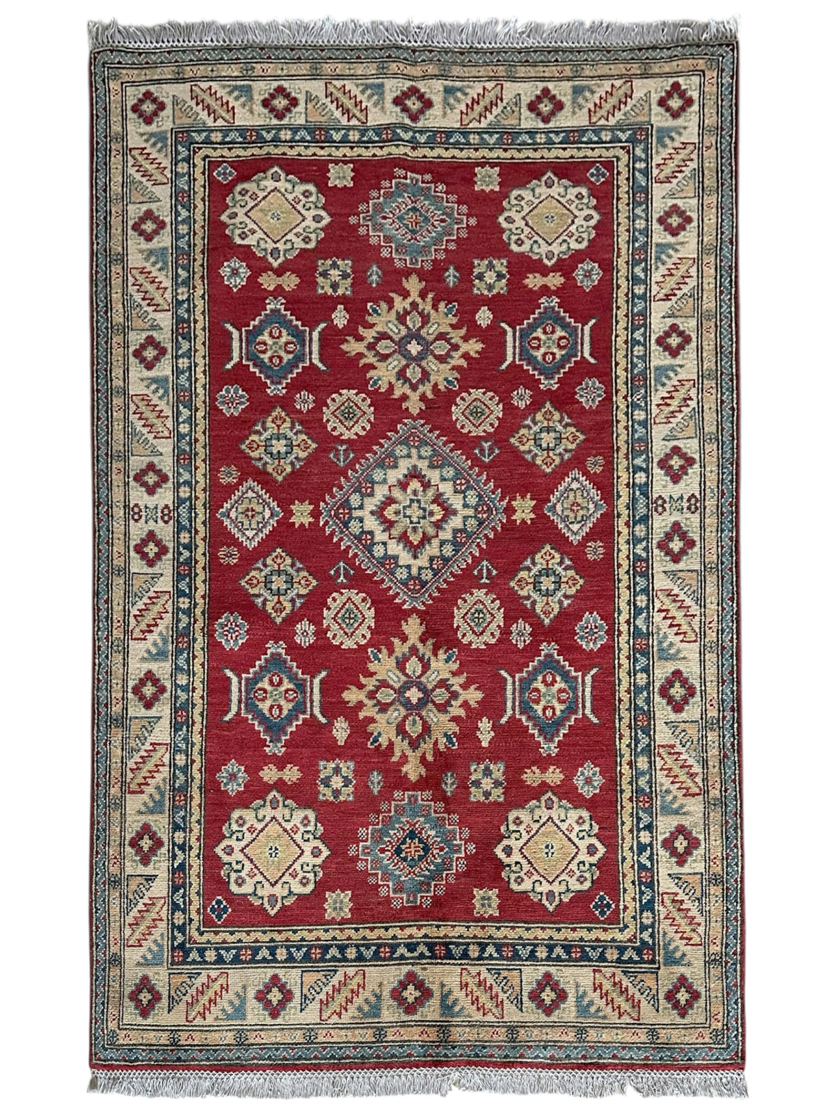 Afghan Kazak Tribal Rug 4x6, Red, Beige & Ivory, Hand-Knotted Wool