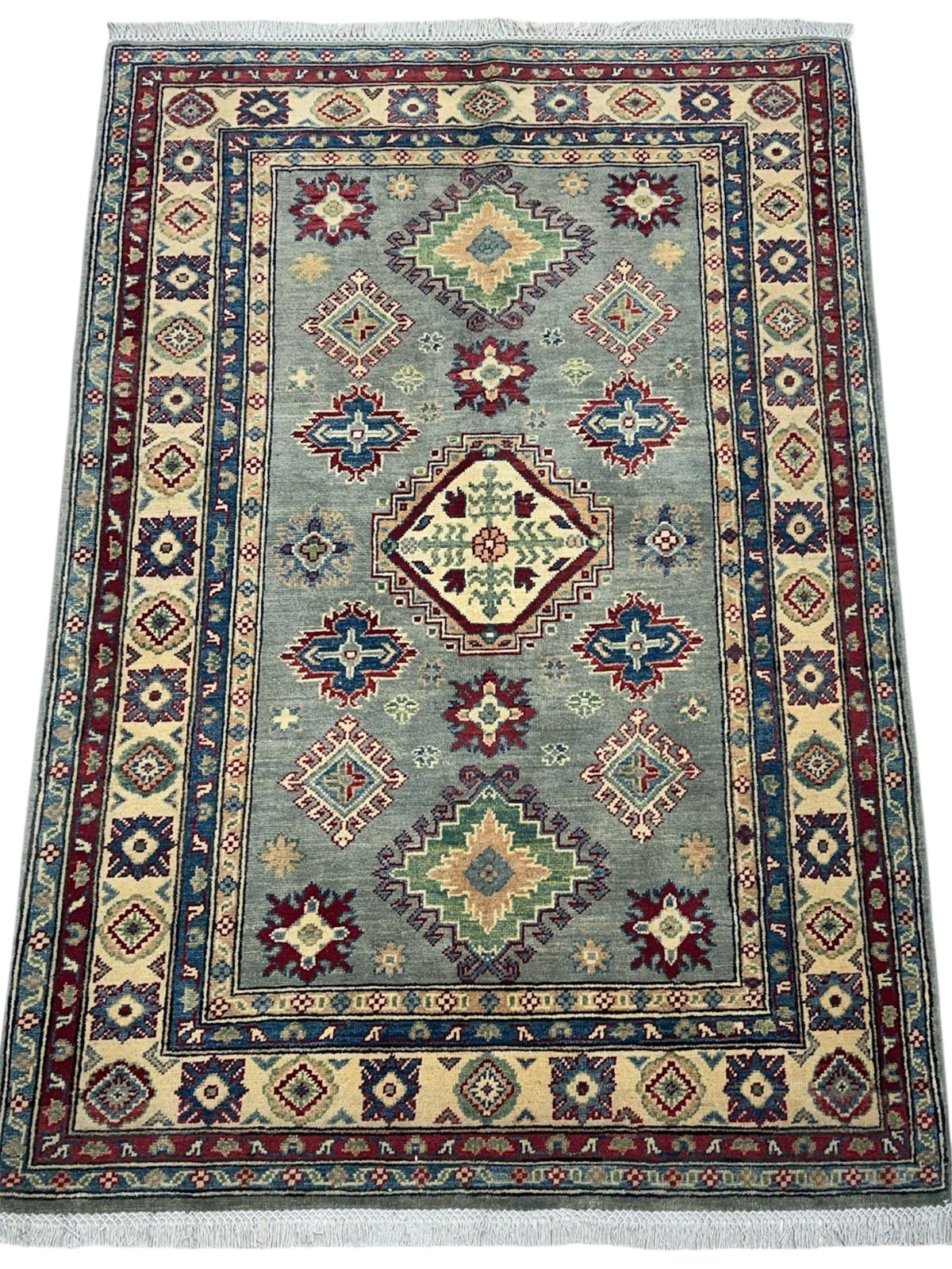 Afghan Kazak Rug 3'10" x 5'11", Hand-Knotted Wool, Beige & Red, view 3