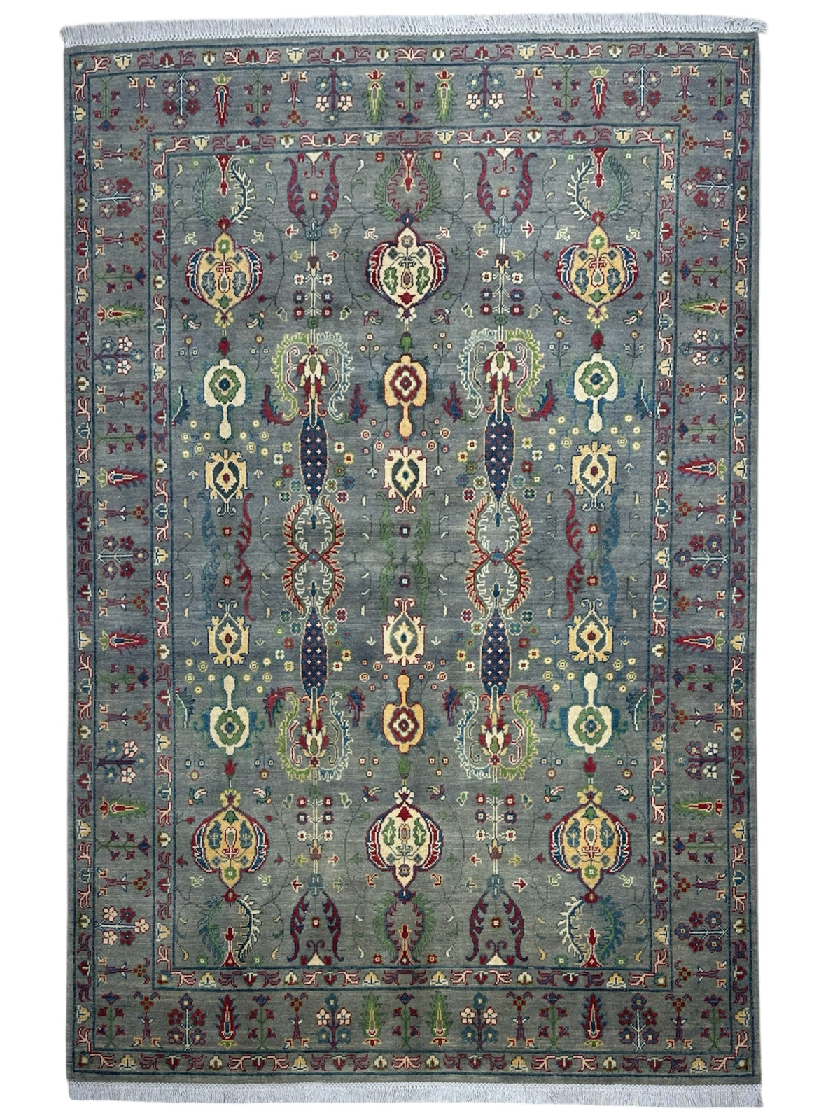 Afghan Kazak Rug 6x8, Gray, Ivory & Red, Hand-Knotted Wool