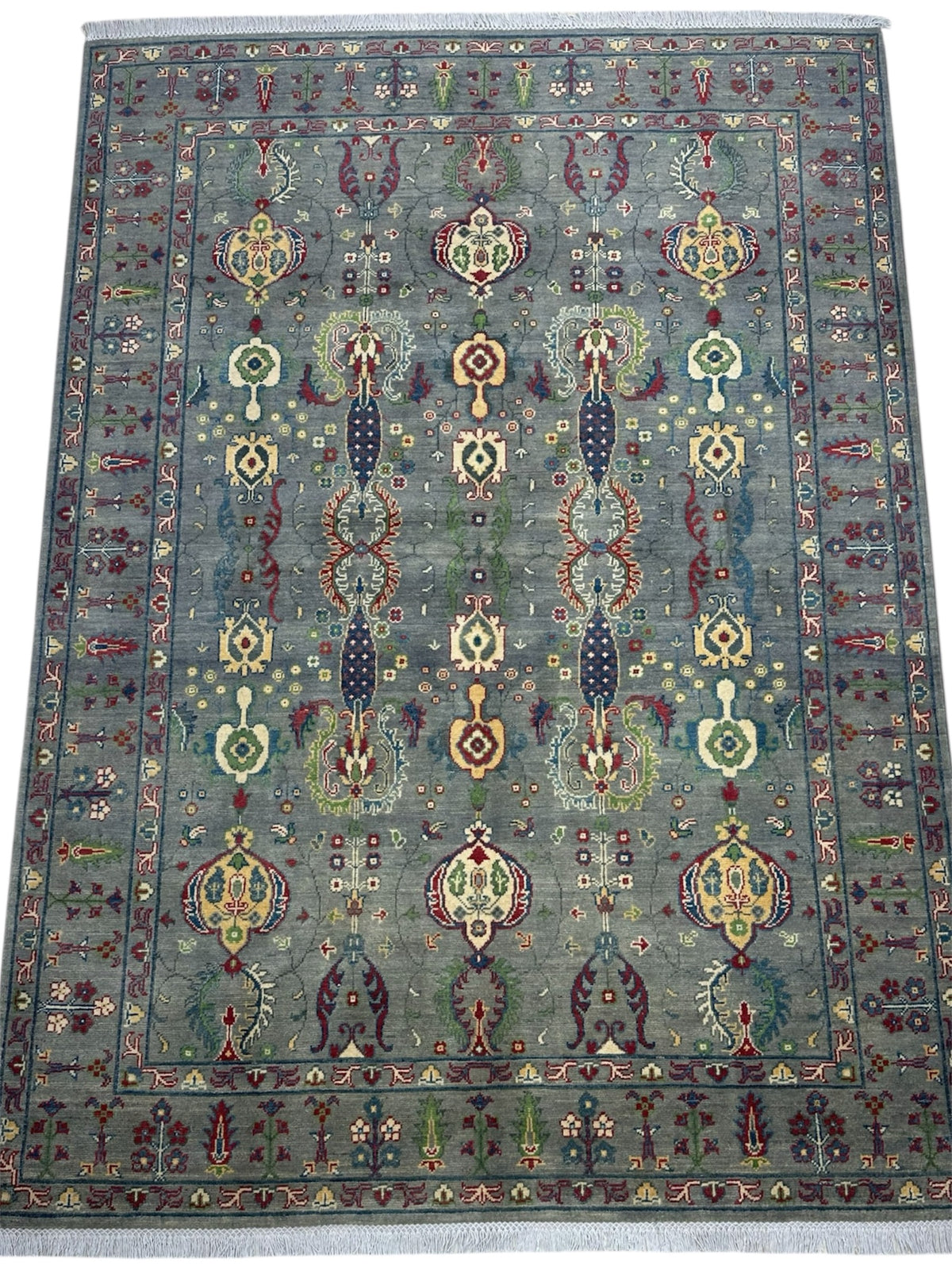 Afghan Kazak Rug 6x8, Gray, Ivory & Red, Hand-Knotted Wool, view 3