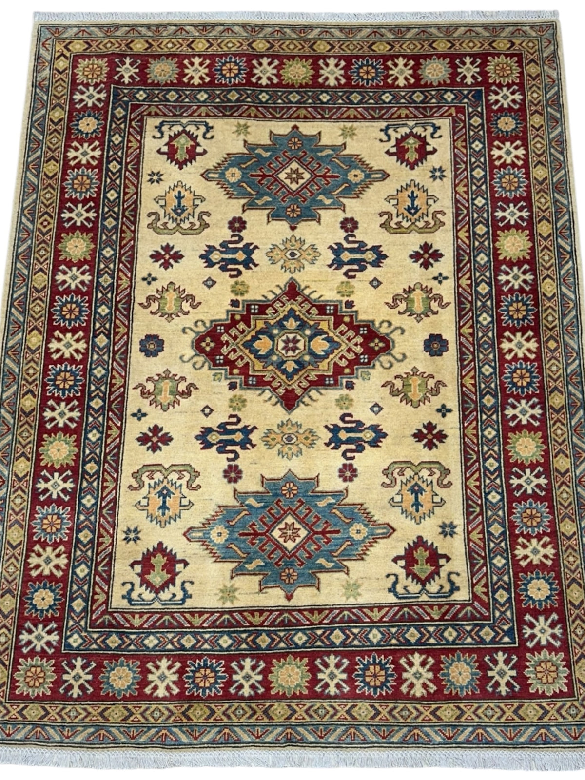 Afghan Kazak Rug 5'2" x 6'8", Hand-Knotted Wool, Cream & Red, view 3