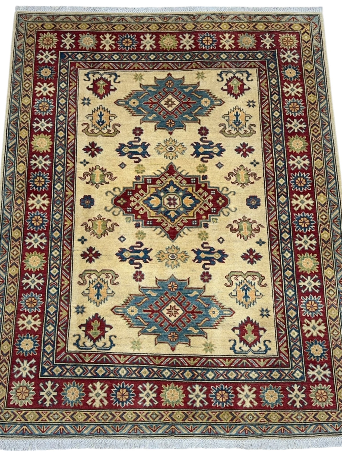 Afghan Kazak Rug 5'2" x 6'8", Hand-Knotted Wool, Cream & Red, view 2