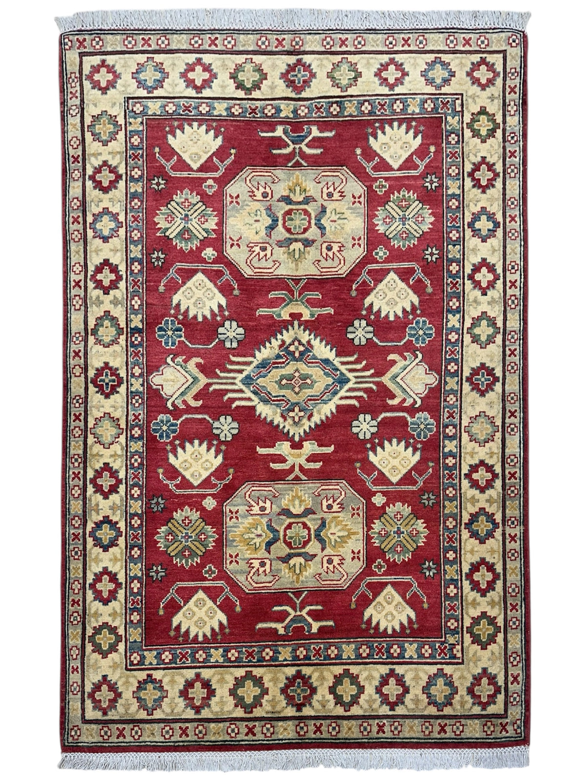 Afghan Kazak Rug 3'11" x 5'9", Hand-Knotted Wool, Cream & Red