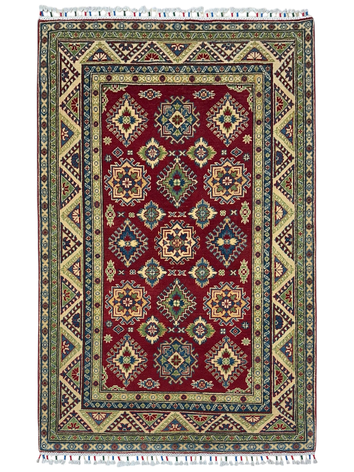 Afghan Kazak Rug 4x6, Red, Ivory & Green, Hand-Knotted Wool