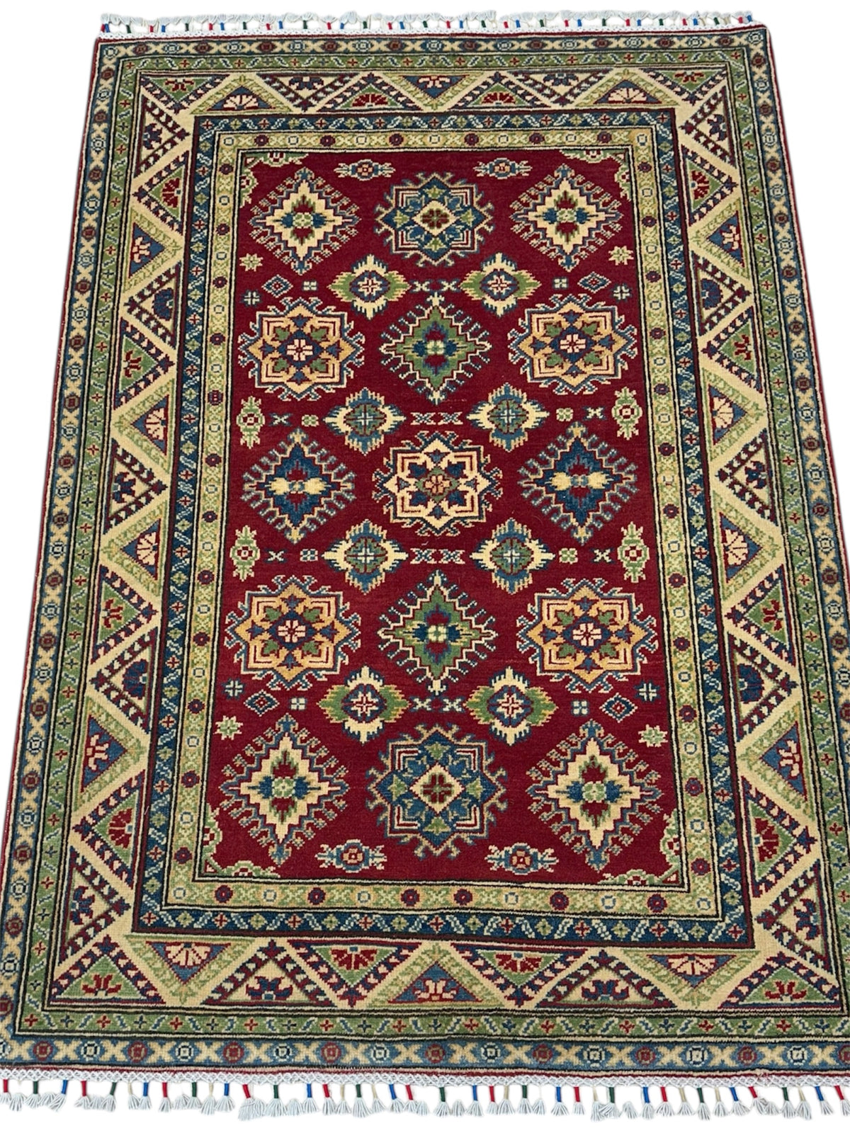 Afghan Kazak Rug 4x6, Red, Ivory & Green, Hand-Knotted Wool, view 3