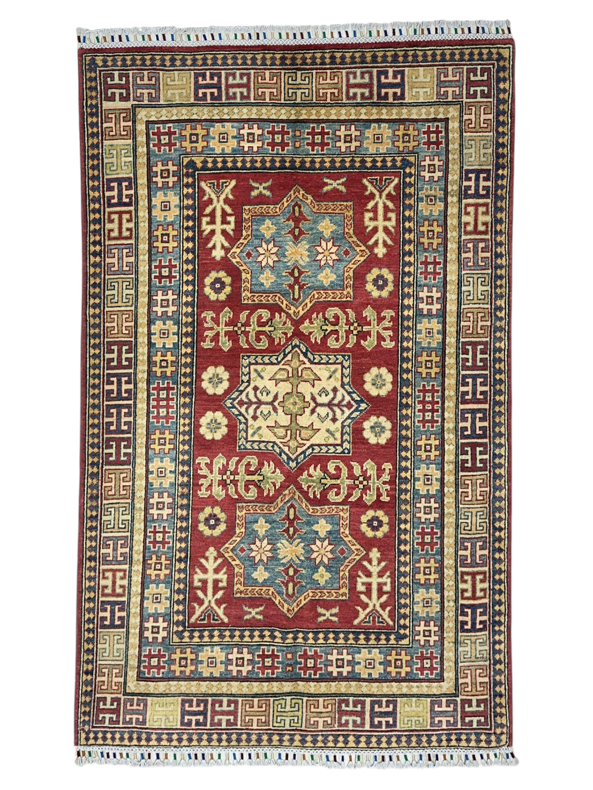 Afghan Kazak Rug 3'10" x 5'11", Hand-Knotted Wool, Beige & Red