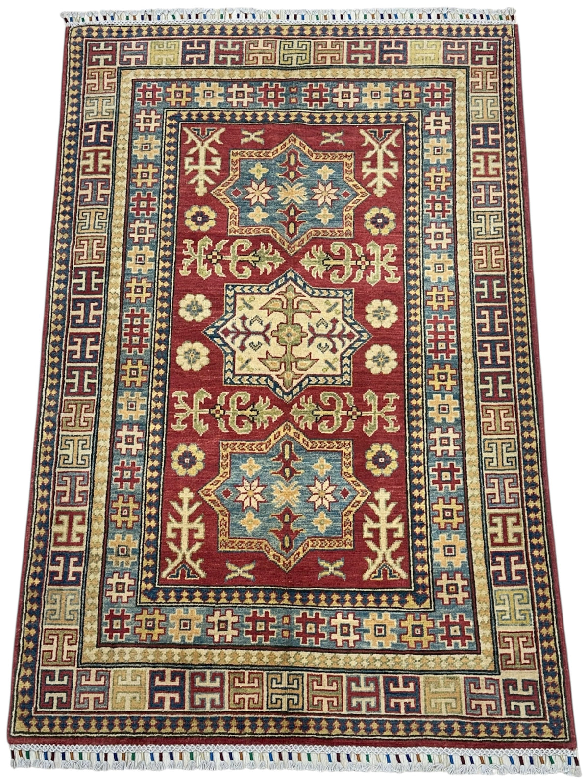 Afghan Kazak Rug 3'10" x 5'11", Hand-Knotted Wool, Beige & Red, view 3