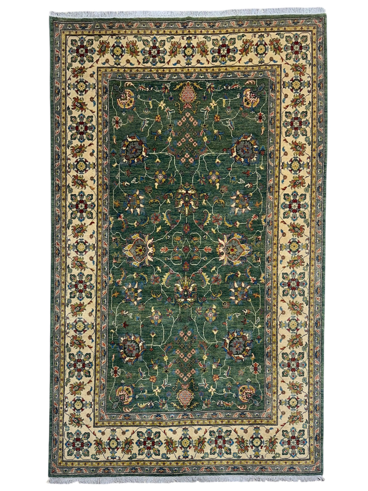 Afghan Kazak Sultani Rug 6'6" x 9'9", Hand-Knotted Wool, Cream & Green