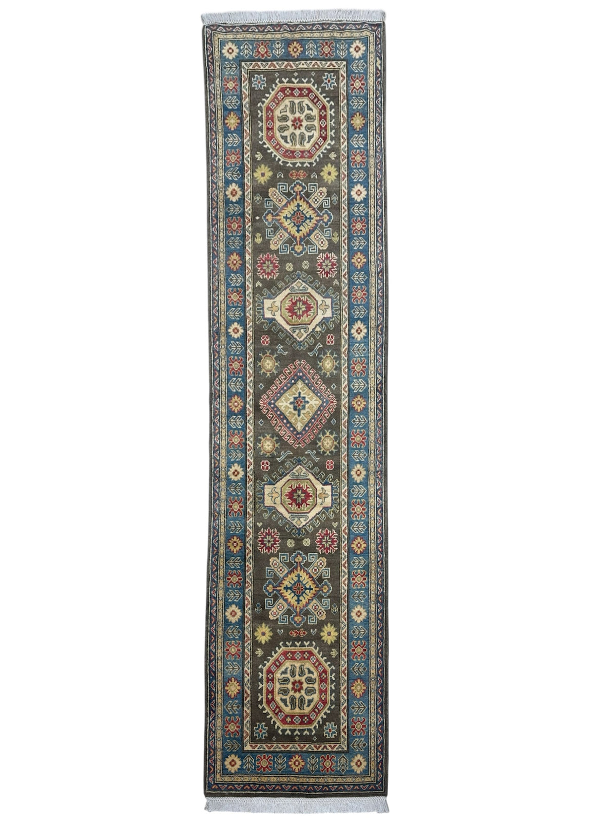 Afghan Kazak Runner 2'6" x 9'6", Hand-Knotted Wool, Blue & Brown