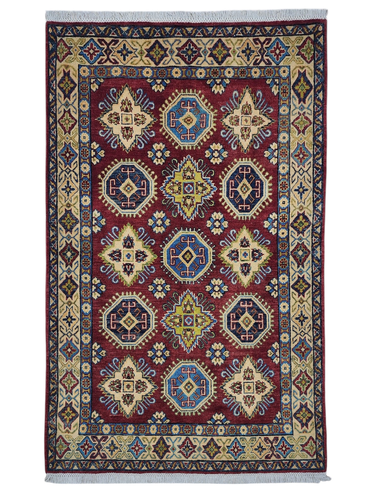 Afghan Kazak Stars Rug 4x6, Red, Gold & Ivory, Hand-Knotted Wool