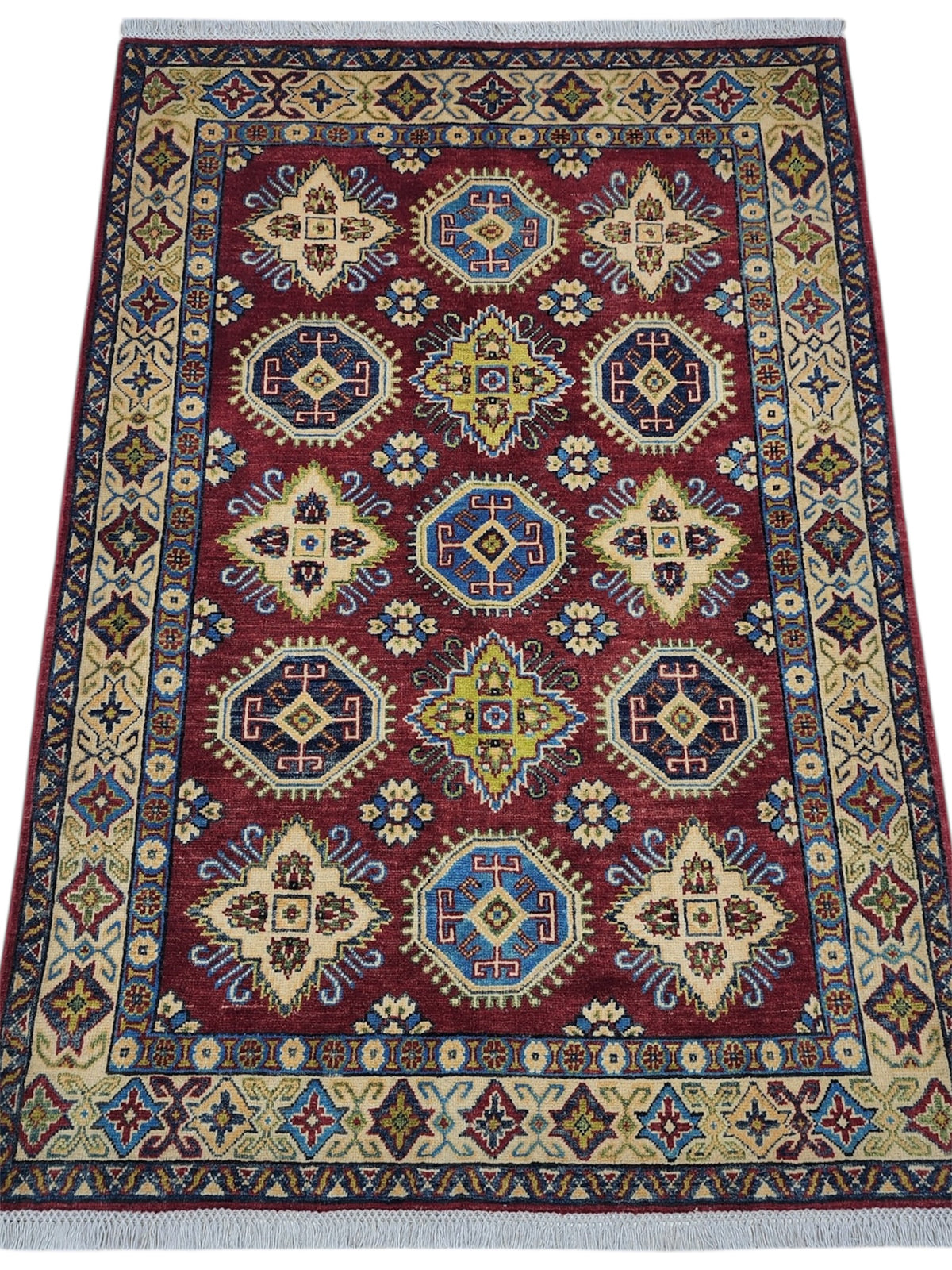 Afghan Kazak Stars Rug 4x6, Red, Gold & Ivory, Hand-Knotted Wool, view 3