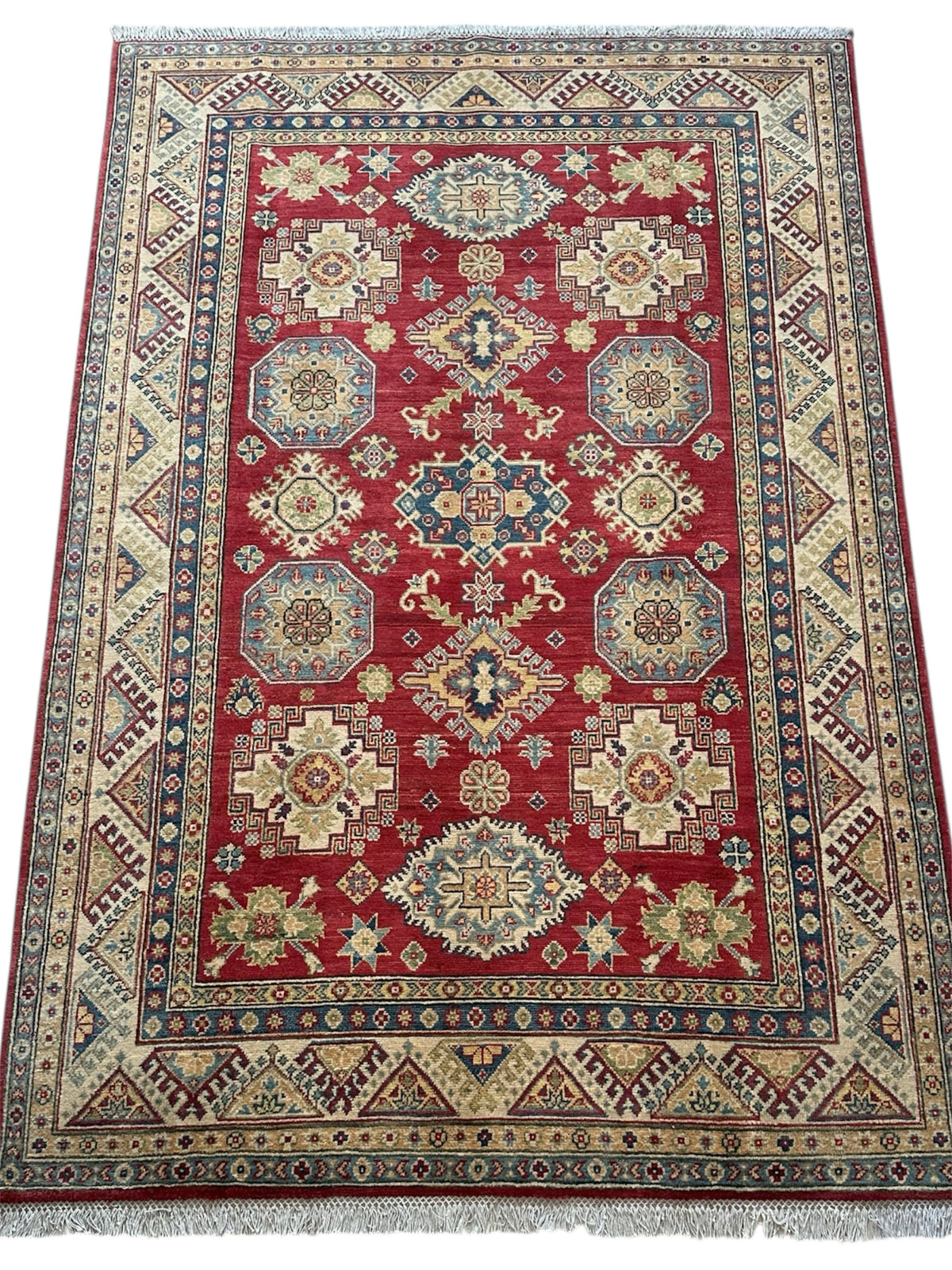 Afghan Kazak Rug 5'5" x 7'11", Hand-Knotted Wool, Cream & Red, view 2