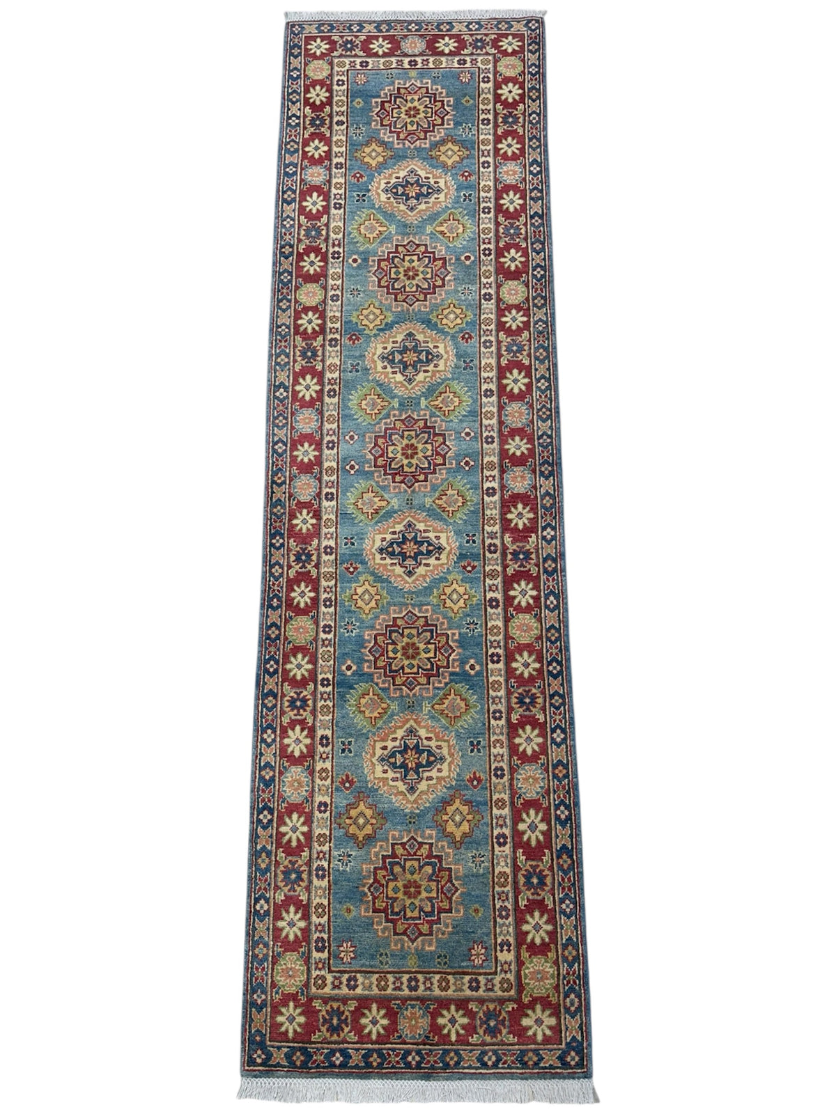 Afghan Kazak Runner 2'8" x 9'10", Hand-Knotted Wool, Blue & Red, view 3