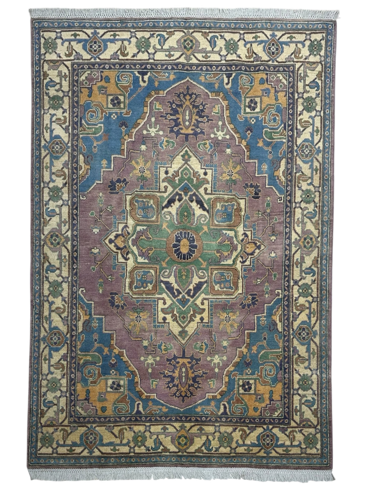 Afghan Kazak Rug 5x7, Light Blue, Purple & Ivory, Hand-Knotted Wool